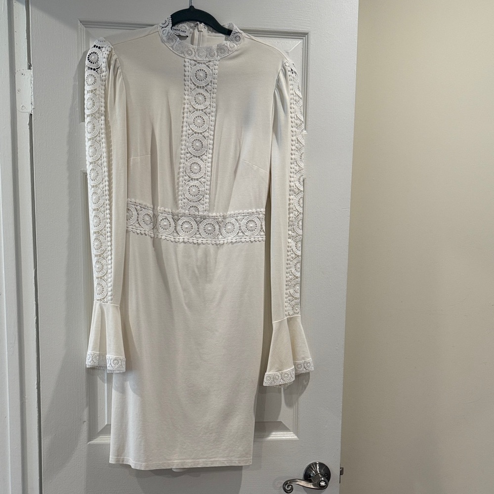 bebe Ivory Long Sleeve Dress with Lace Accents